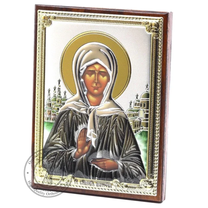 St Matrona of Moscow icon in a silver-plated cover, framed under glass, 8 x 11 cm