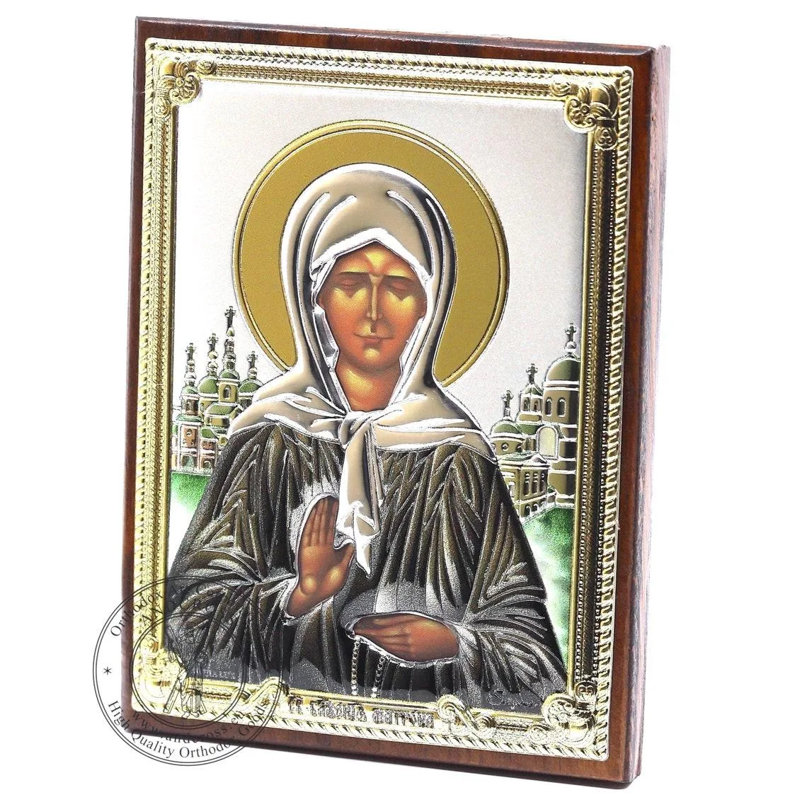 St Matrona of Moscow icon in a silver-plated cover, framed under glass, 8 x 11 cm