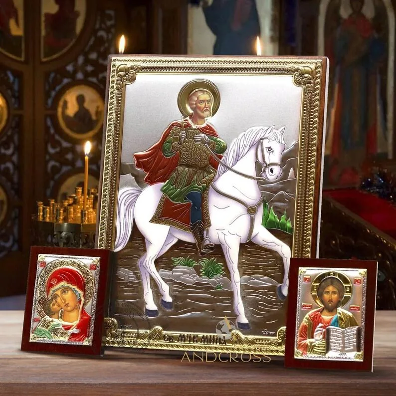 Set with a silver-plated icon of St Mina and two small icons