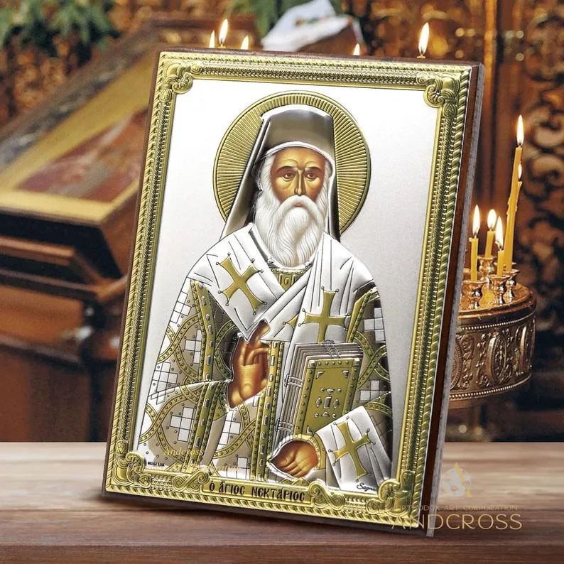 Silver-plated icon of St Nektarios of Aegina, 13 x 18 cm