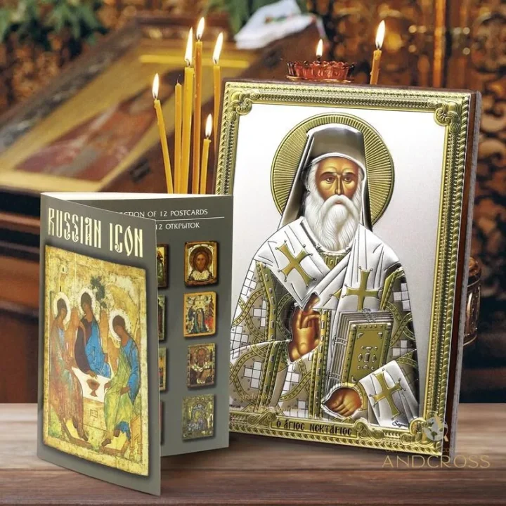 Silver-plated St Nektarios of Aegina icon with postcards in a gift case