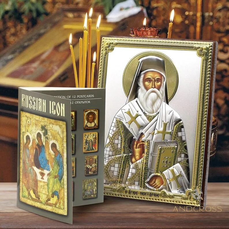 Silver-plated St Nektarios of Aegina icon with postcards in a gift case