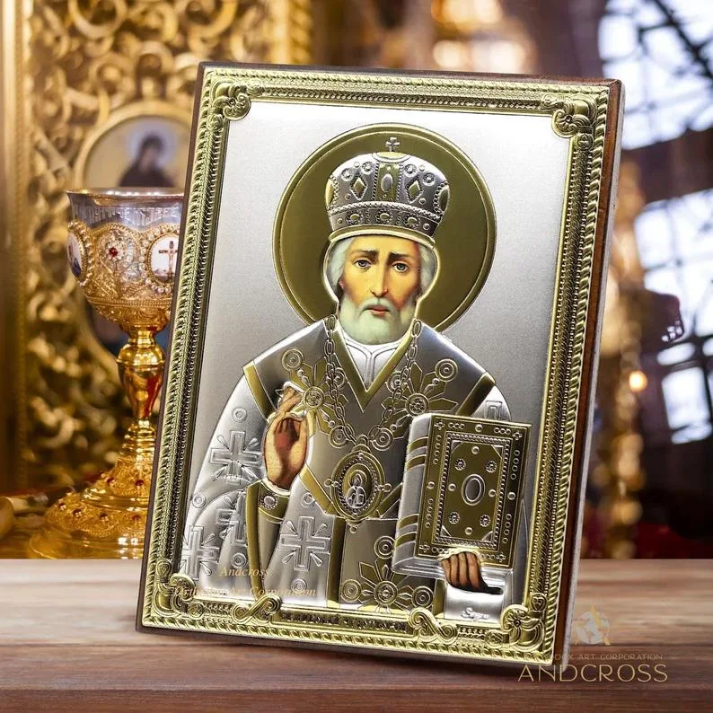 Silver-plated St Nicholas the Wonderworker icon, 13 x 18 cm