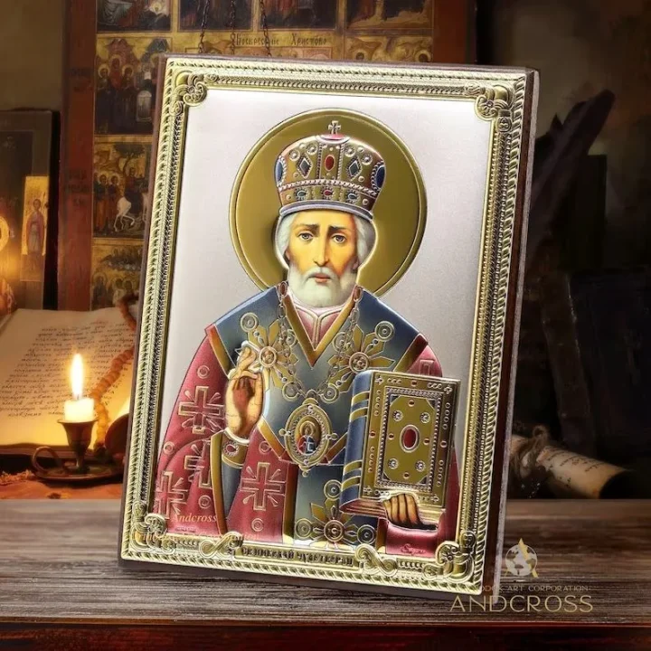 Silver-plated St Nicholas icon, 13 x 18 cm, in a gift box