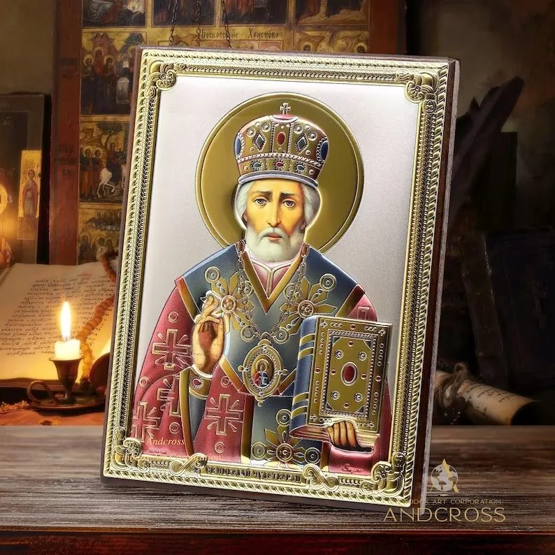 Silver-plated St Nicholas icon, 13 x 18 cm, in a gift box