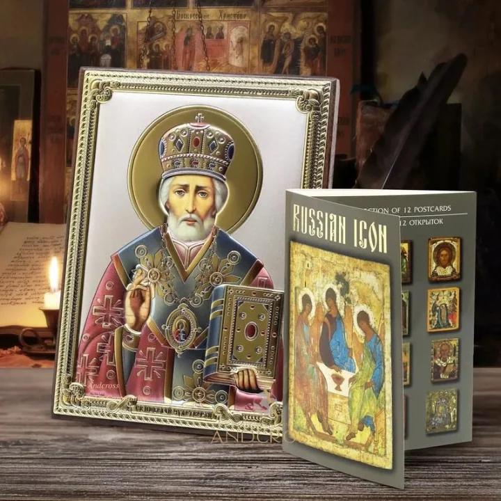 Silver-plated St Nicholas icon on an MDF base, 13 x 18 cm