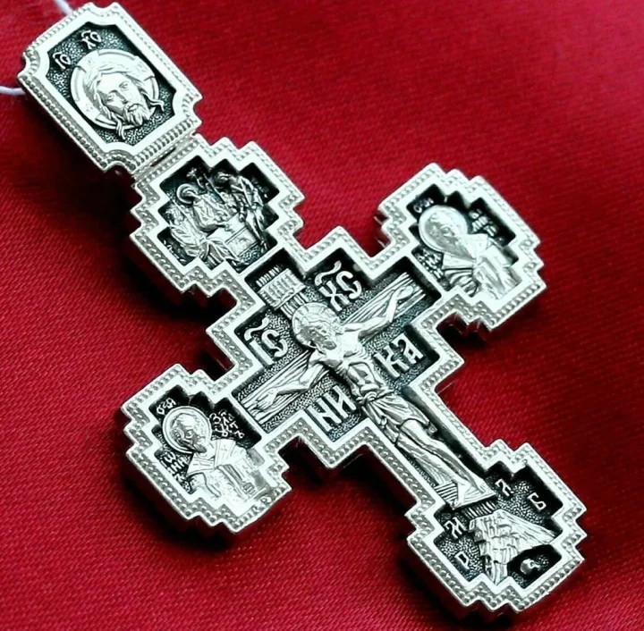 Sterling silver Orthodox cross with the Holy Trinity and saints, front