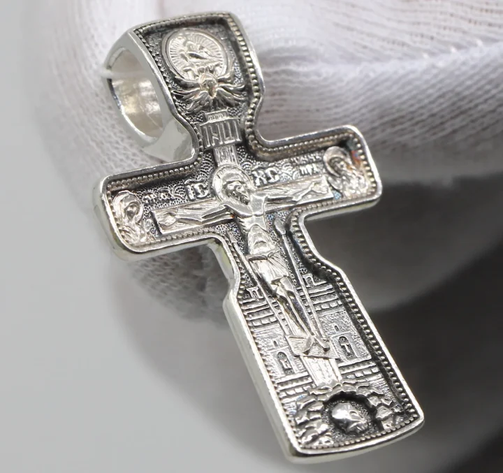 Sterling silver Orthodox cross with St Nicholas the Wonderworker
