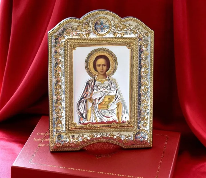 Icon of St Panteleimon in a silver- and gold-plated cover, 21 x 28 cm
