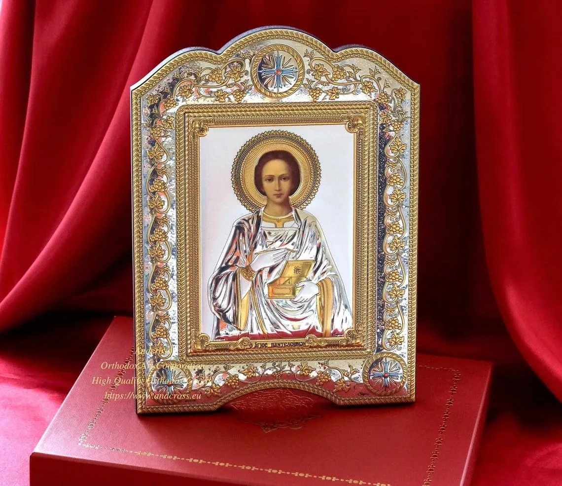 Icon of St Panteleimon in a silver- and gold-plated cover, 21 x 28 cm