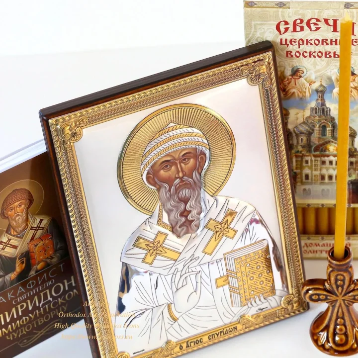 Silver-plated St Spyridon icon and wax candles in a gift box