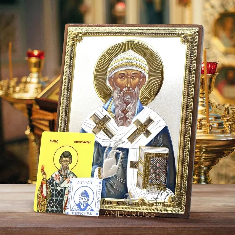 Set with a silver-plated St Spyridon icon and two small icons in a gift case