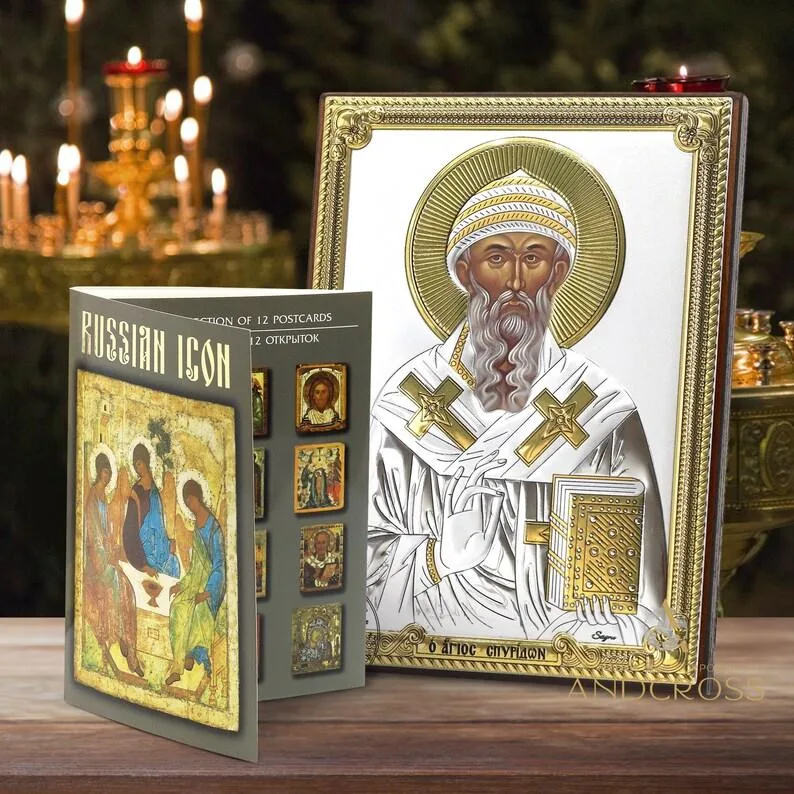 Set with a silver-plated St Spyridon icon and 12 icon postcards