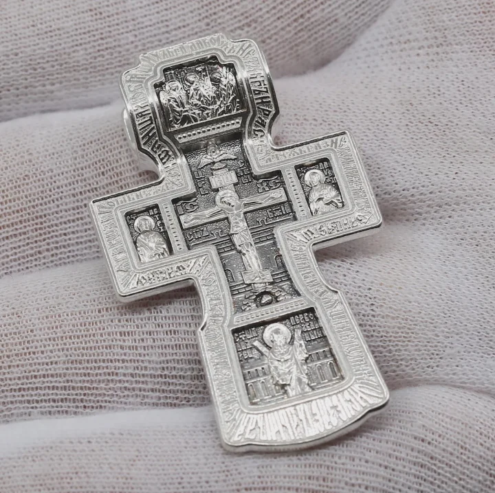 Sterling silver Orthodox cross with Sts Peter and Paul, front