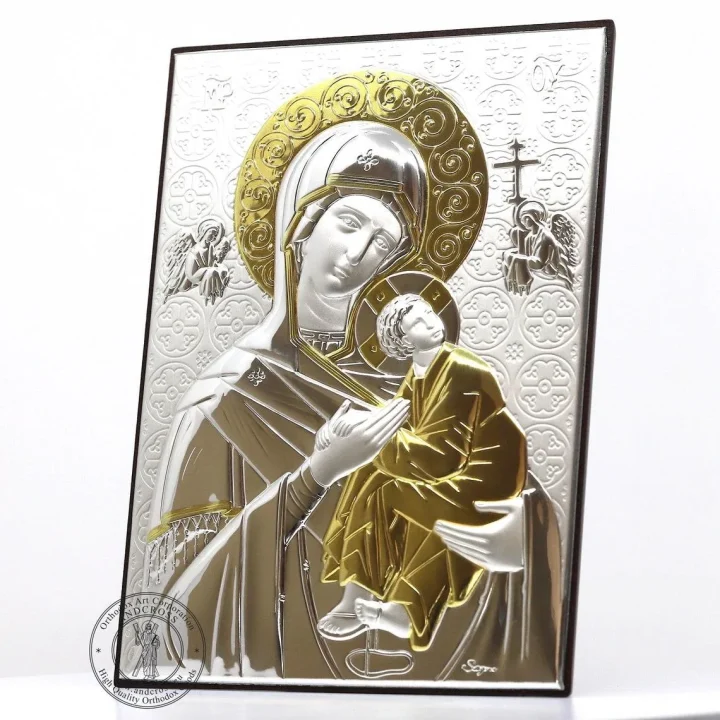 Theotokos of the Passion icon in a silver- and gold-plated cover, 13 x 18 cm