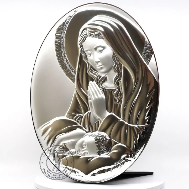 Large silver-plated icon of the Virgin and Child, 33 x 25 cm
