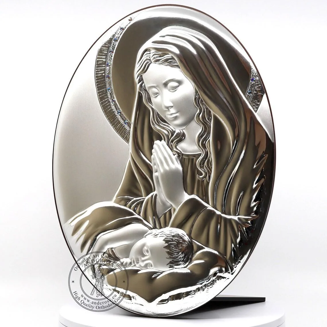 Large silver-plated icon of the Virgin and Child, 33 x 25 cm