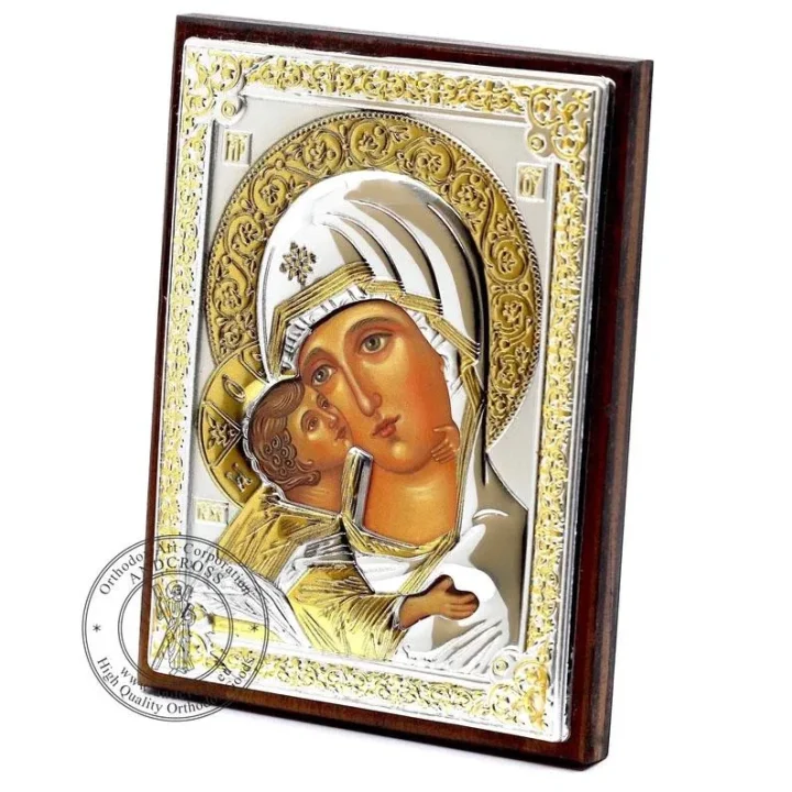 Silver-plated Vladimir Mother of God icon, 8 x 11 cm