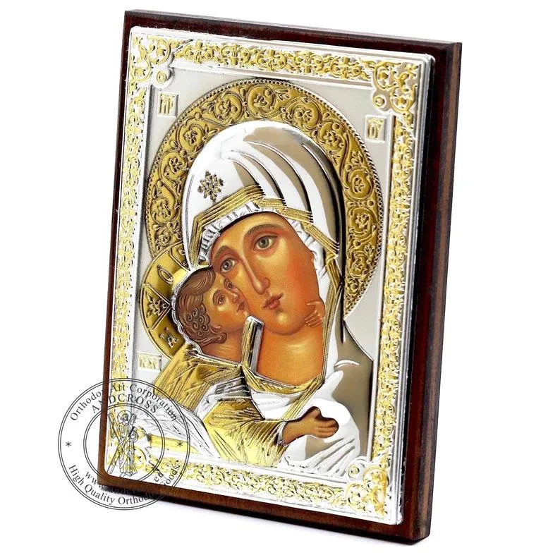 Silver-plated Vladimir Mother of God icon, 8 x 11 cm