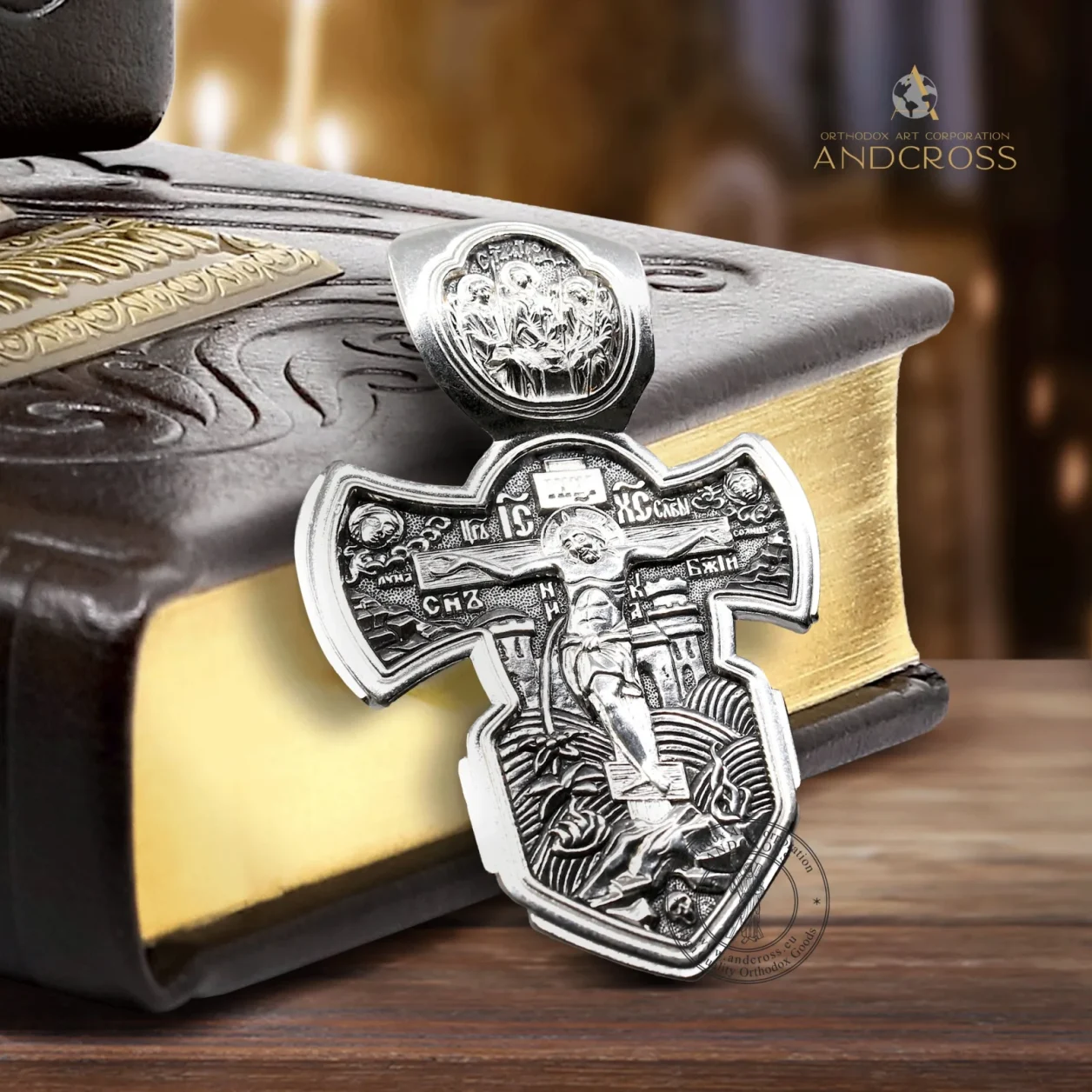 Sterling silver Warrior Orthodox cross with the Holy Trinity