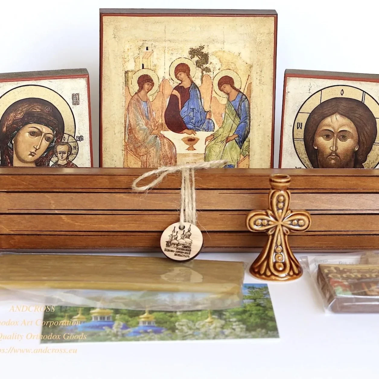 Wedding icons of the Saviour and the Kazan Mother of God with a travel kit and candles