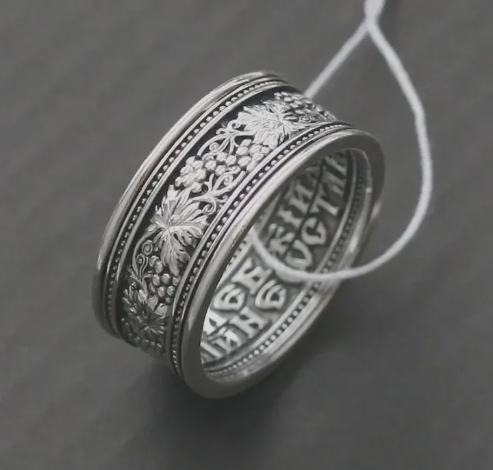 Wide men's sterling silver ring with a Guardian Angel prayer