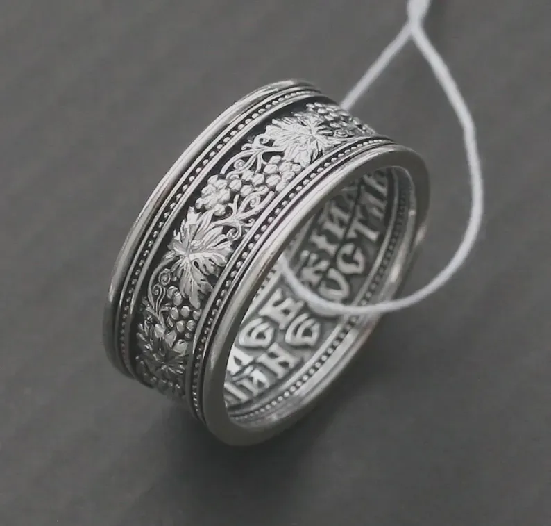 Wide men's sterling silver ring with a Guardian Angel prayer