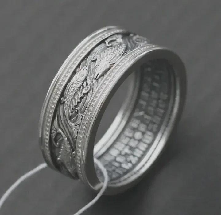 Wide men's sterling silver ring with the Lord's Prayer and a fish symbol