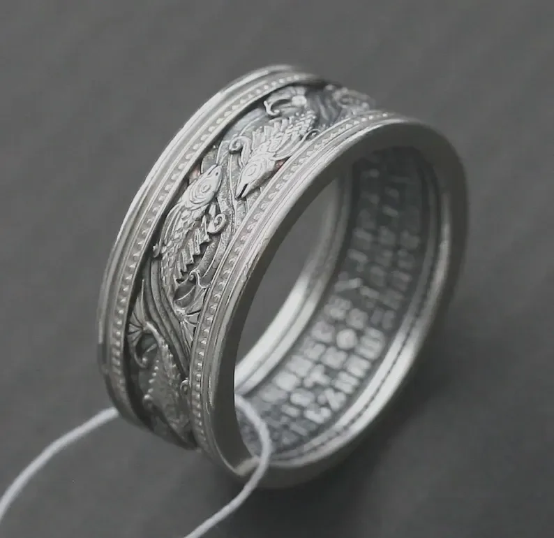 Wide men's sterling silver ring with the Lord's Prayer and a fish symbol