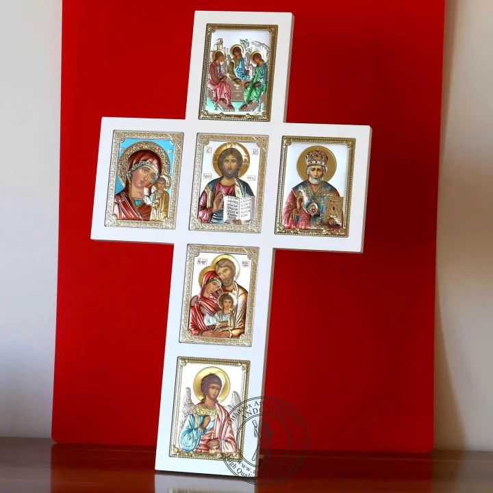 Large wooden cross with six silver-plated icons, 30.5 x 51.5 cm